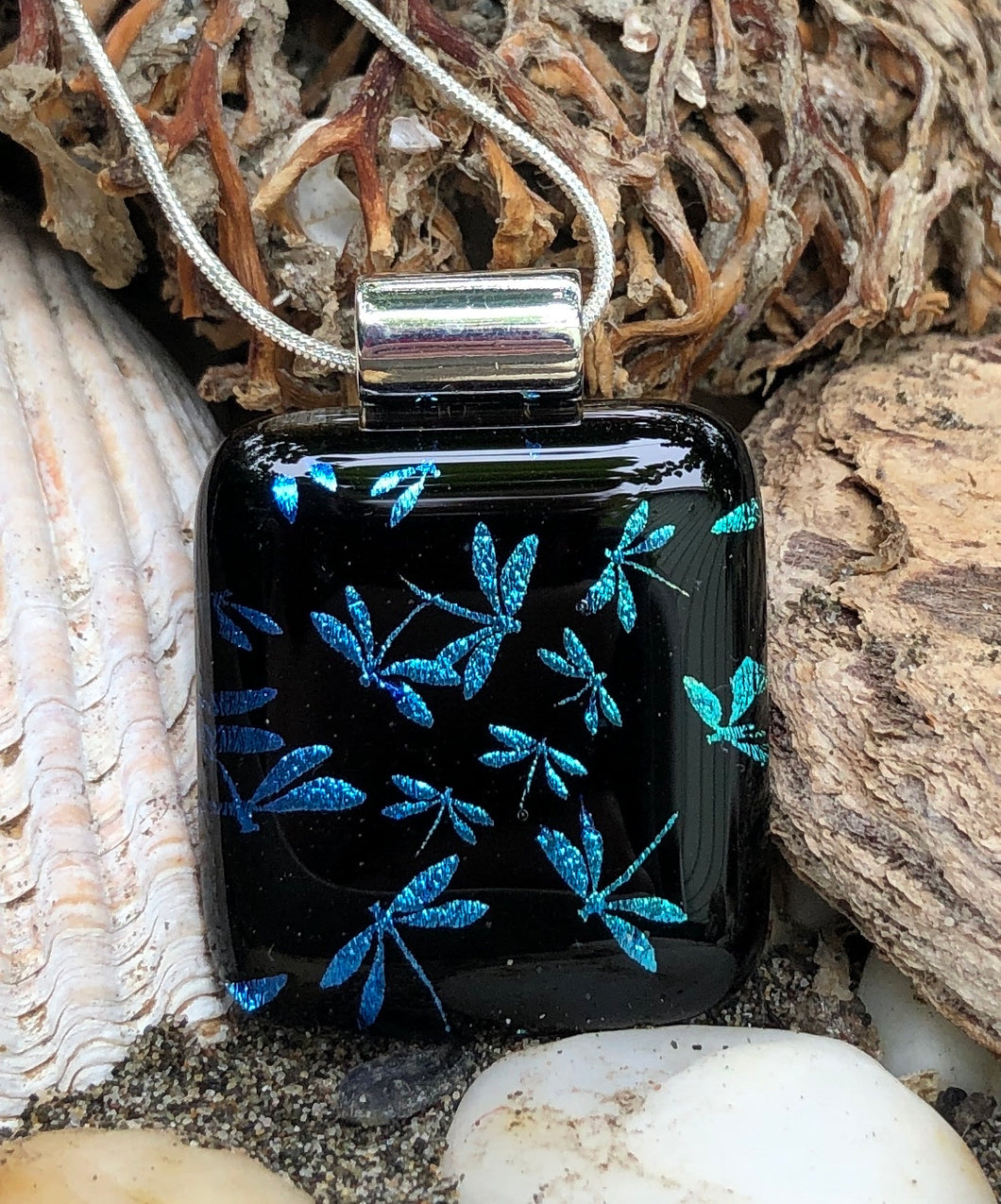 Blue Dragonflies Dichroic Glass Pendant