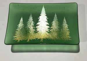 Fused Glass - Green with Irid Trees Dish