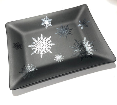 Fused Glass - Matte Black with Silver Snowflakes Tray