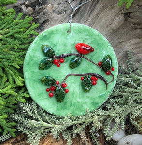 Holiday Ornaments - Cardinal on Branch with Leaves and Berries