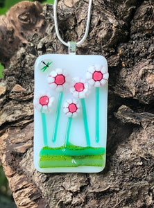 Pink Daisies Fused Glass Pendant