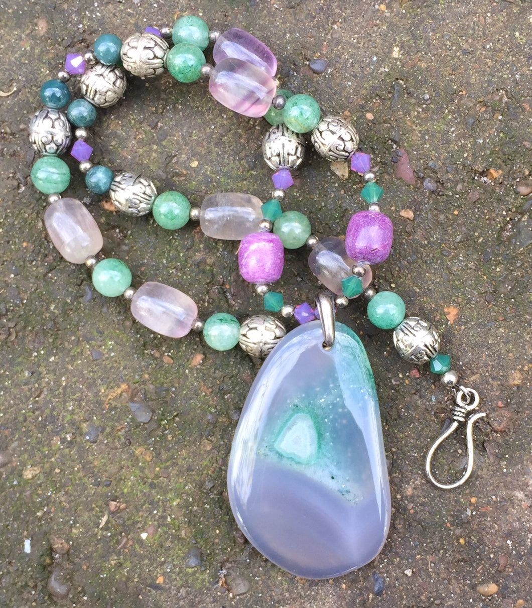 Mineral Necklace - Druzy Agate with Green Aventurine and Fluorite
