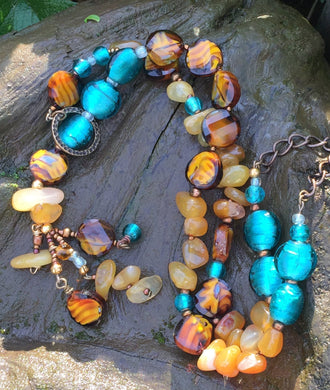 Glass Necklace - Amber, Turquoise and Buttery Yellow Lariat Style