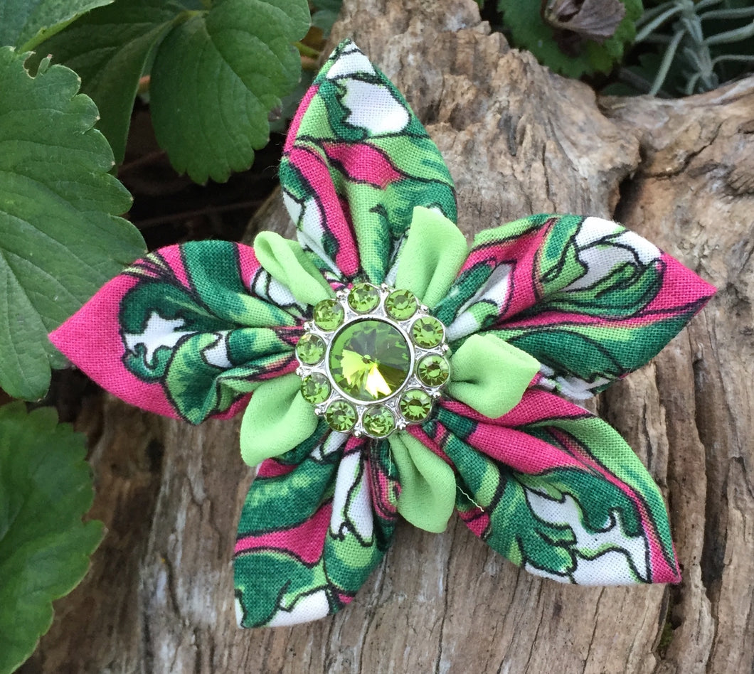 Fabric Flower - Green Pink White Double