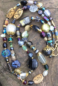 Glass Necklace - Black, Gold and Iridescent Double Strand 'Big Sister'