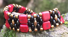 Load image into Gallery viewer, Beaded Bracelet - Red Black and Matte Gold Brocade