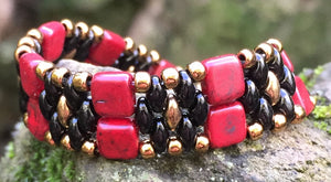 Beaded Bracelet - Red Black and Matte Gold Brocade