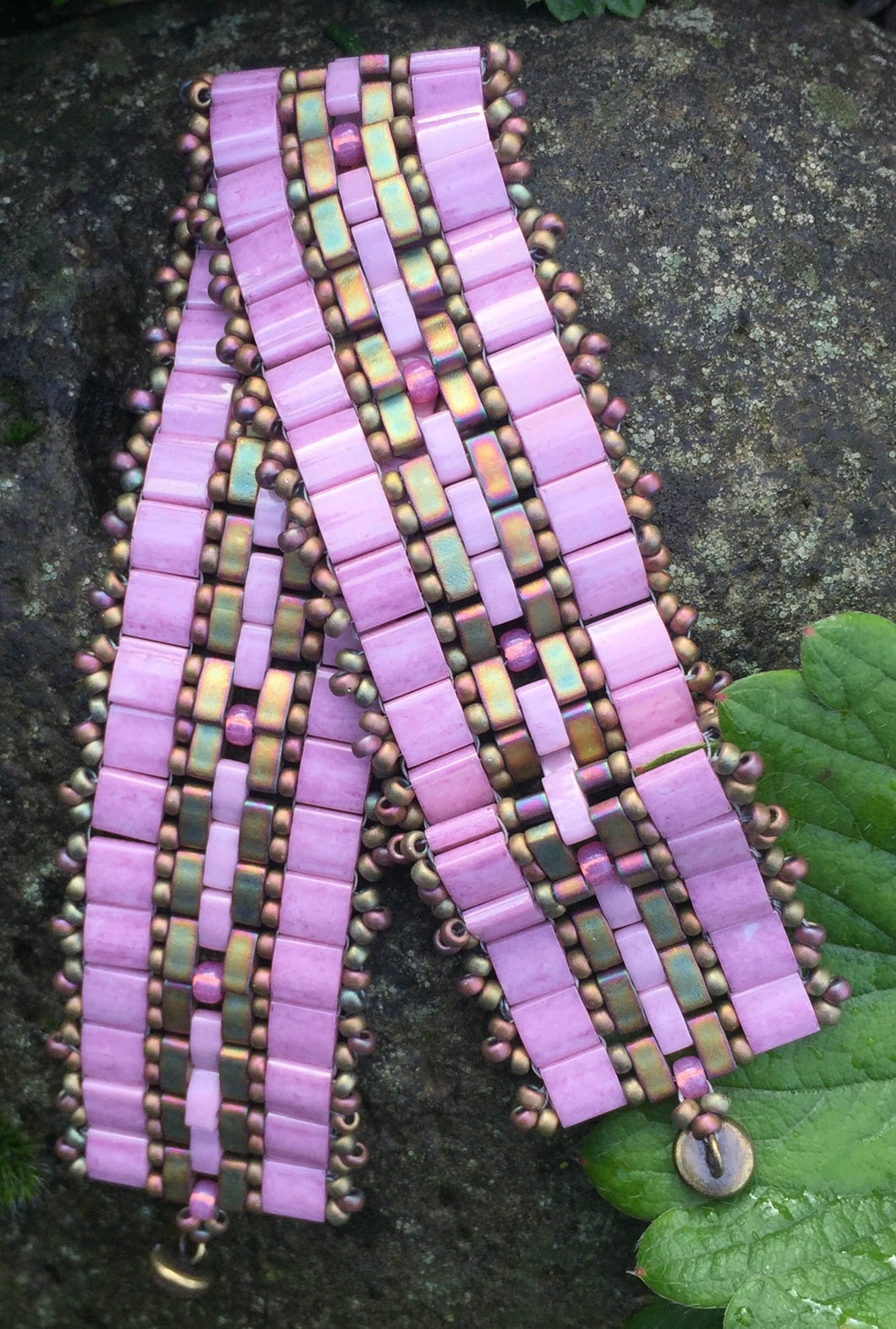 Pink Tile beads - Pink and Matte Bronze Half Tiles Magnetic Clasp 7 3/4