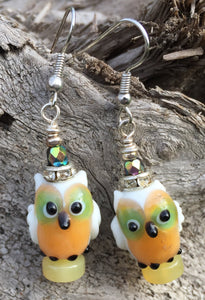 Lampwork Glass Earrings - White, Peach, Olive Owls