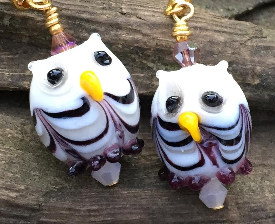 White and Purple Swirl Owl Earrings