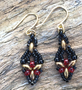 Hummingbird Earrings - Black over Gold, Red