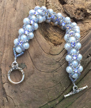 Load image into Gallery viewer, This White Glass Pearl bracelet comprises Matte Gray AB seed beads and Swarovski Provence Lavender Montees. This Pearl Montee bracelet measures 8&quot;.