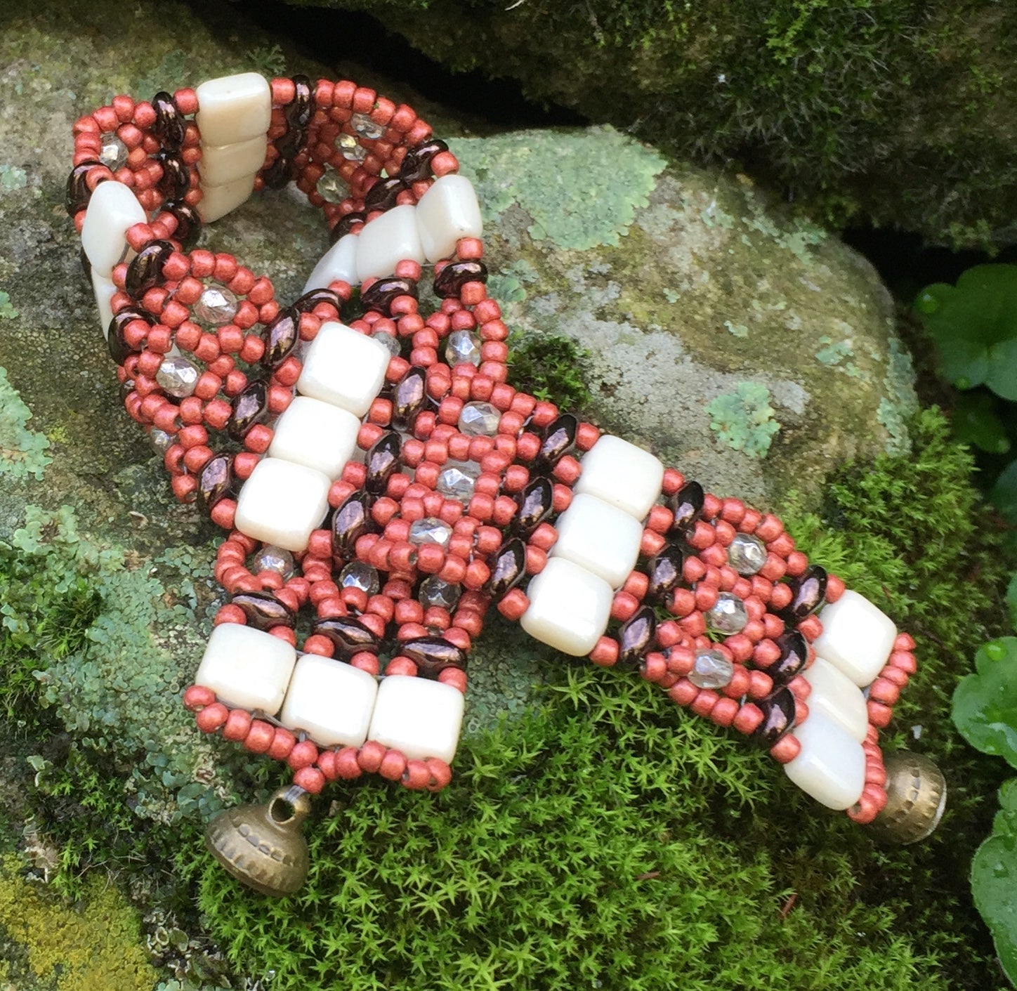 Beaded Bracelet - Coral Cream and Bronze Brocade