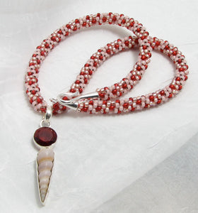 Kumihimo Necklace - Garnet with seashell
