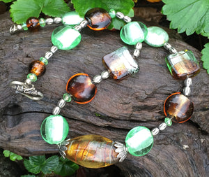 Lampwork Glass Necklace - Amber and Green
