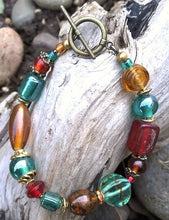 Load image into Gallery viewer, Lampwork Glass Bracelet - Amber Teal Red