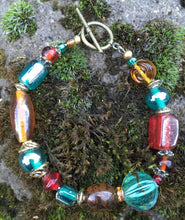Load image into Gallery viewer, Lampwork Glass Bracelet - Amber Teal Red