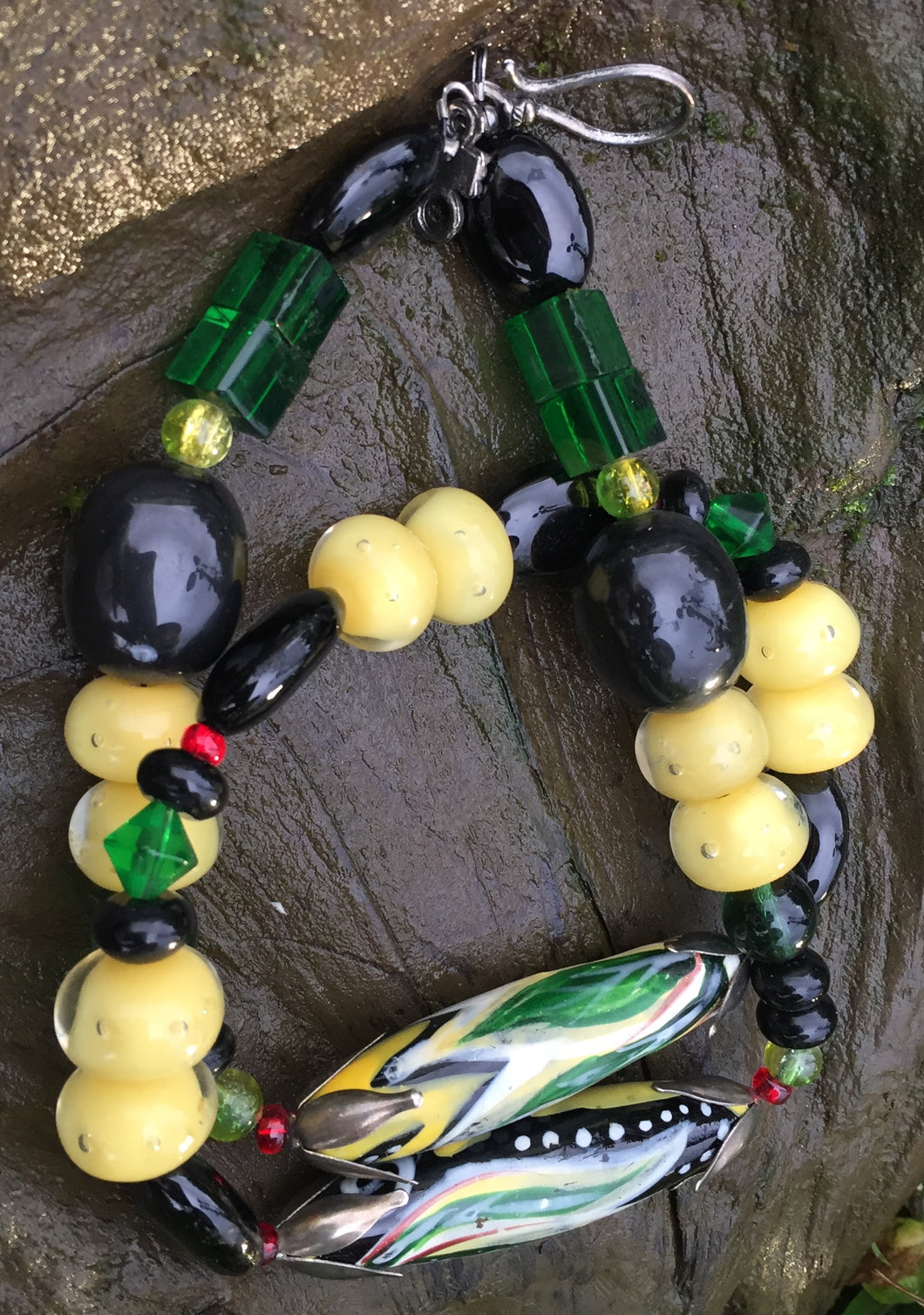 Lampwork Glass Necklace - Black Green and Buttery Yellow
