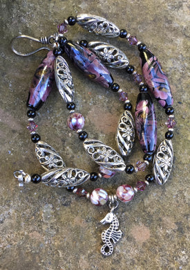 Lampwork Glass Necklace - Seahorse on Black & Purple