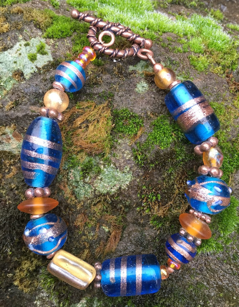 Lampwork Glass Bracelet - Blue Amber Copper