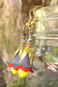 Teal Red and Yellow Tulip Earrings