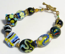 Load image into Gallery viewer, Lampwork Glass Bracelet - Blue Yellow Black