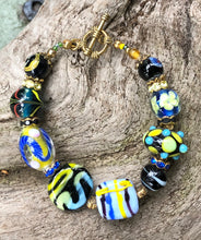 Load image into Gallery viewer, Lampwork Glass Bracelet - Blue Yellow Black