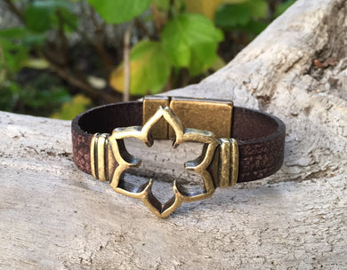 Leather Bracelet - Brown Leather with Antique Bronze open frame