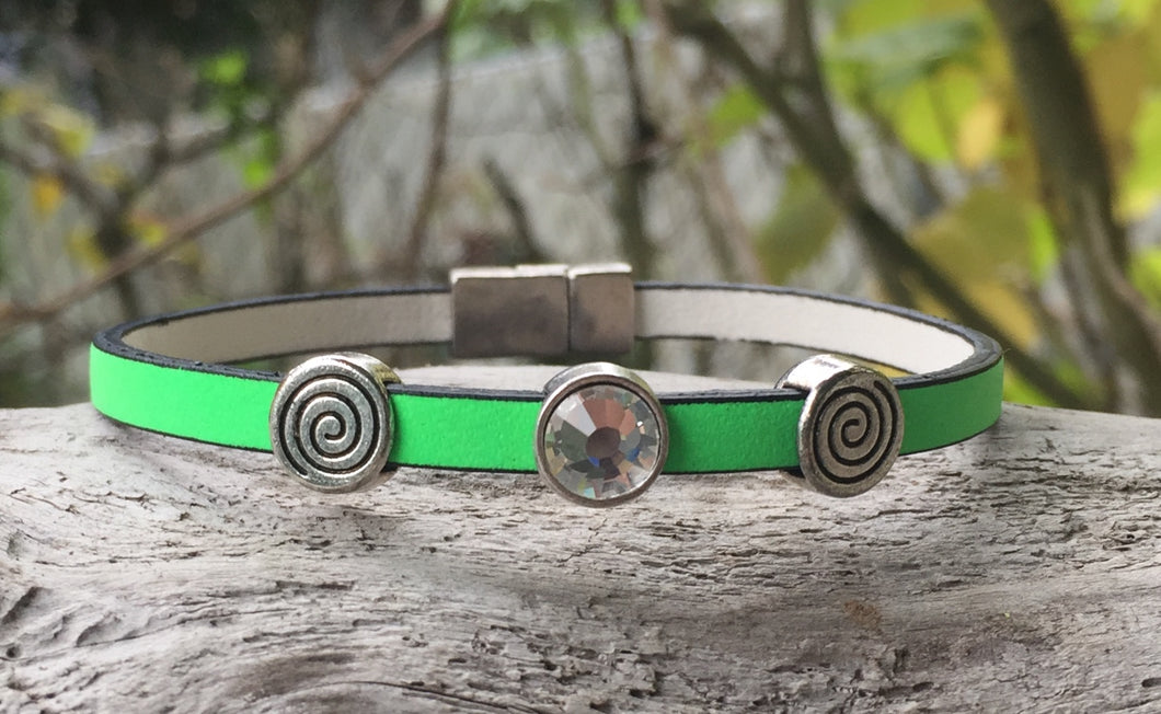 Leather Bracelet - Neon Green Leather with Crystal and Spiral sliders