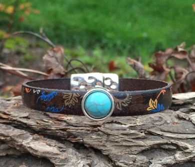 Leather Bracelet - Italian Print with Turquoise Bling