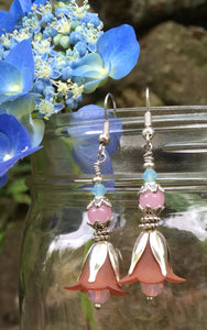 These Brown Pink and Blue Tulip Earrings with Silver adornments measure just over 2".
