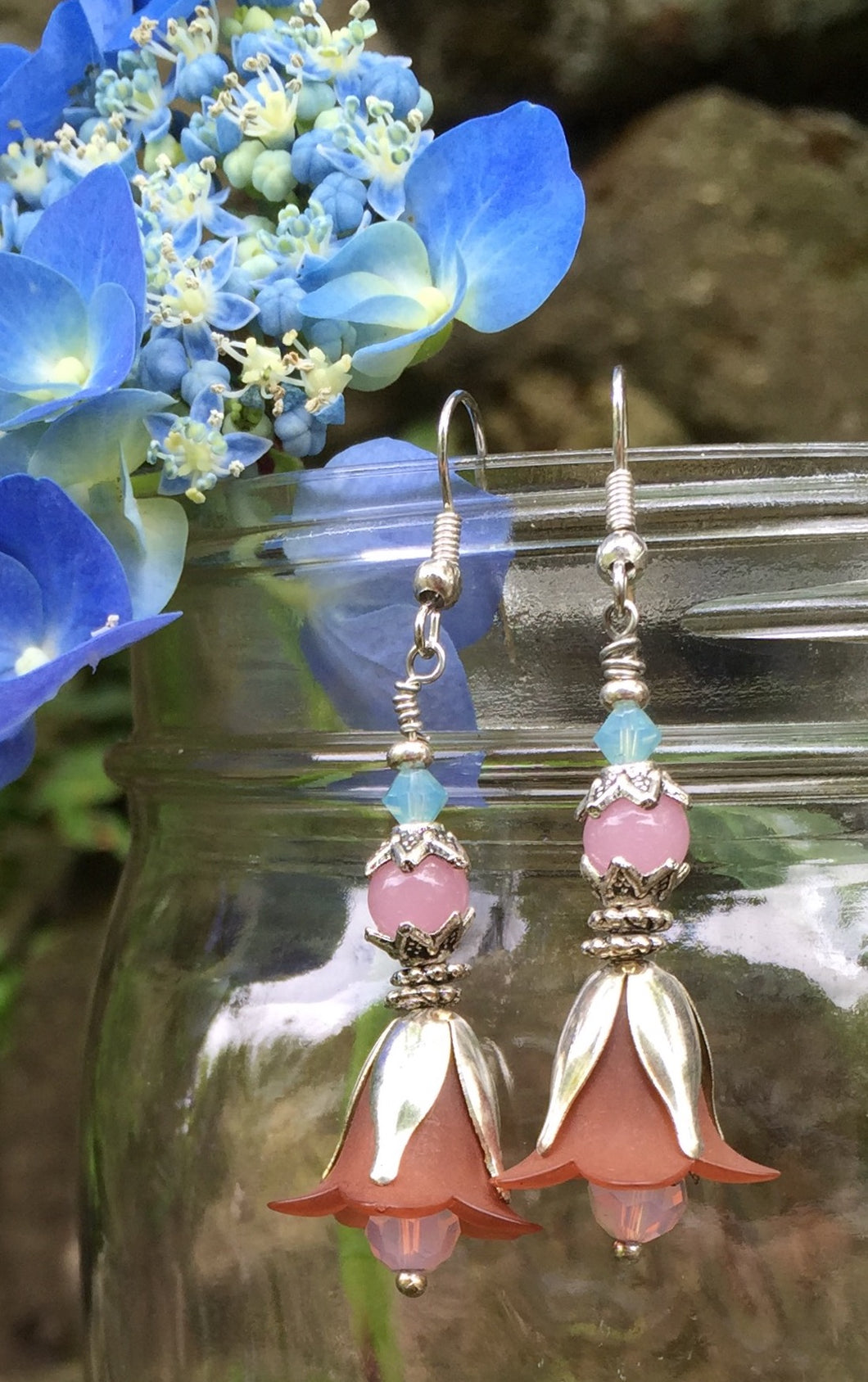 These Brown Pink and Blue Tulip Earrings with Silver adornments measure just over 2
