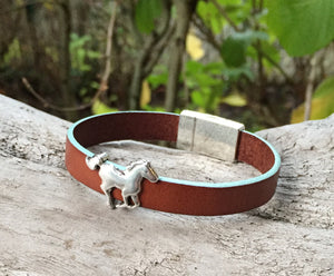 Leather Bracelet - Aqua Edged Brown Leather Bracelet with Silver Horse