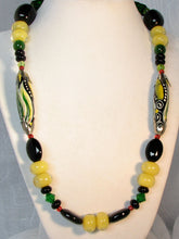 Load image into Gallery viewer, Lampwork Glass Necklace - Black Green and Buttery Yellow