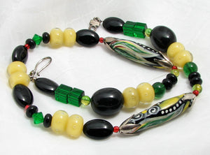 Lampwork Glass Necklace - Black Green and Buttery Yellow