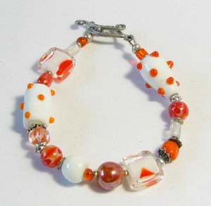 Lampwork Glass Bracelet - Clear Orange White