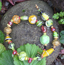Load image into Gallery viewer, Lampwork Glass Necklace - Cranberry, Spring Green and Yellow