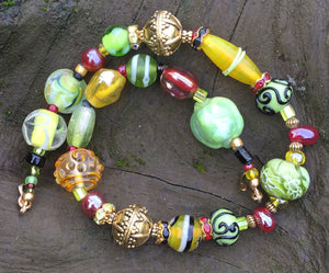 Lampwork Glass Necklace - Cranberry, Spring Green and Yellow