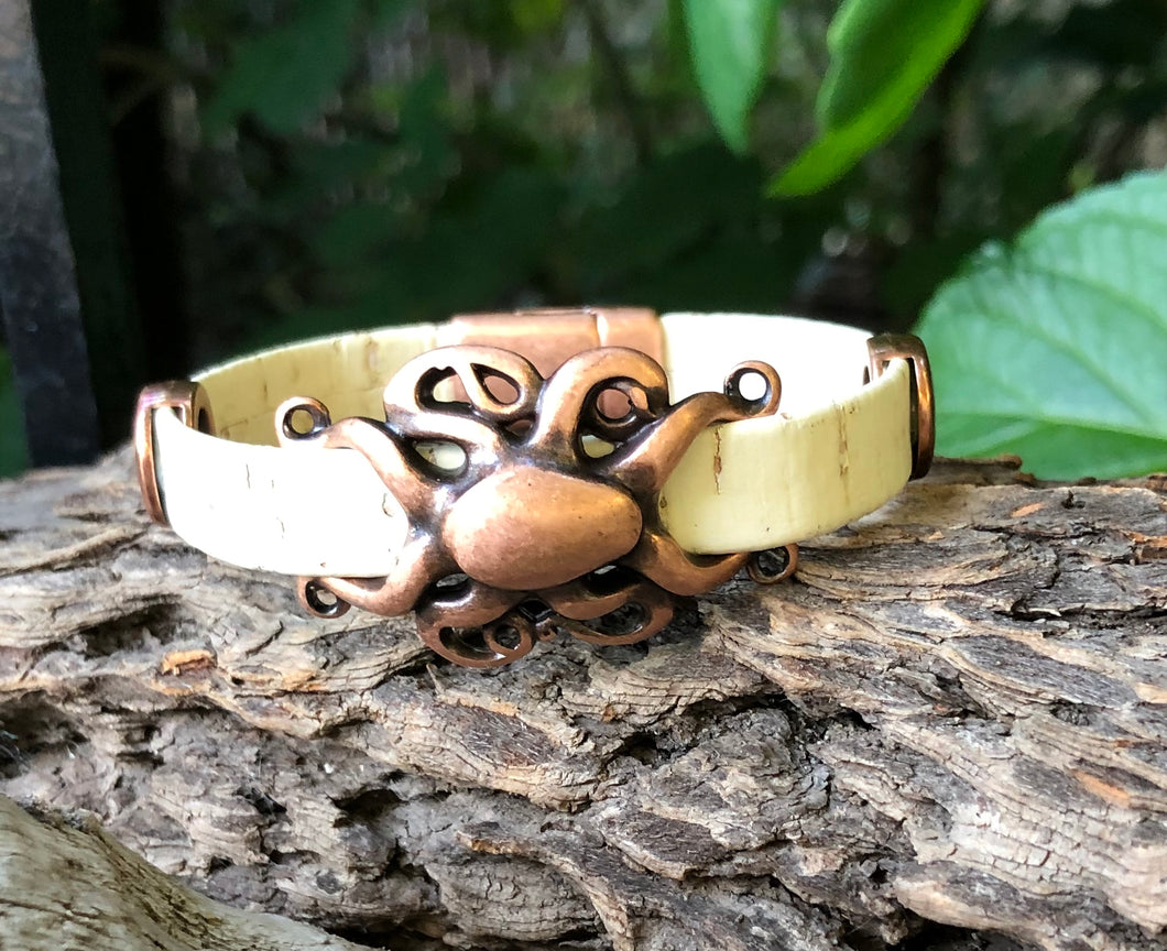 Leather Bracelet - Cream Portuguese Cork with Copper Octopus