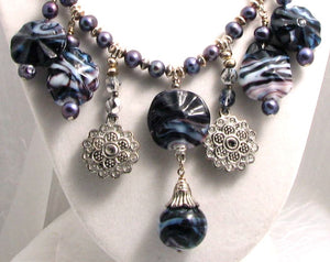 Lampwork Glass Necklace - Dark Purple & White Jingles