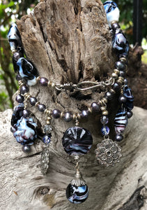 Lampwork Glass Necklace - Dark Purple & White Jingles