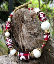 Load image into Gallery viewer, Lampwork Glass Bracelet - Dark Red White and Gold