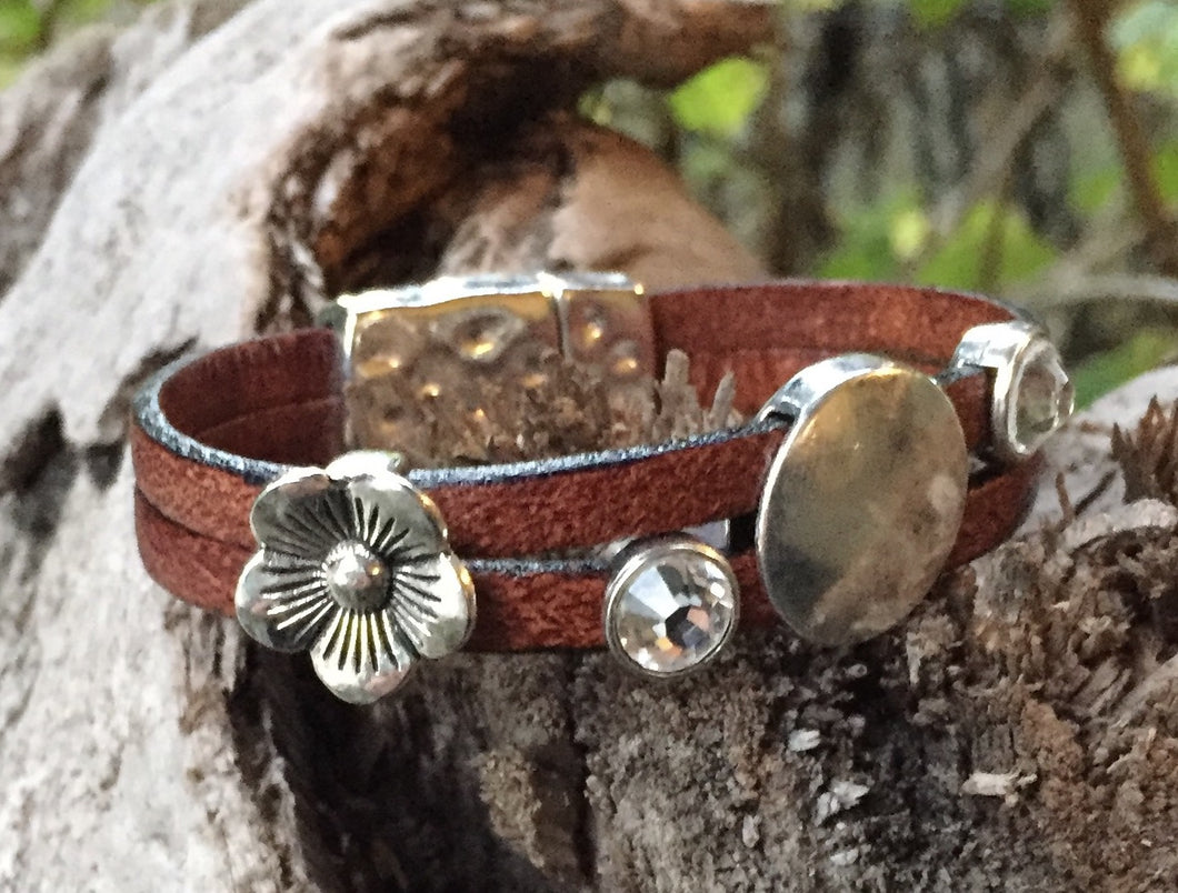 Leather Bracelet - Double Crystal and Flower