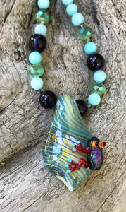 Lampwork Glass Necklace - Frog with Amazonite and Crystals