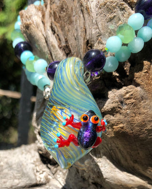 Lampwork Glass Necklace - Frog with Amazonite and Crystals