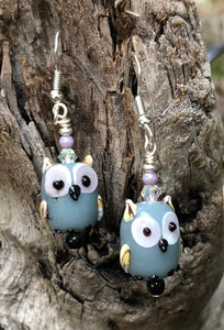 Gray Lampwork Owl Earrings