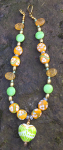 Lampwork Glass Necklace - Gold, Green, and Yellow