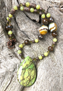 Mineral Necklace - Green Zebra Jasper with Onyx Necklace