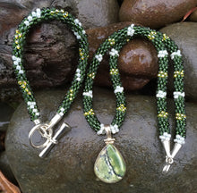 Load image into Gallery viewer, Kumihimo Necklace and Bracelet Set - Dark Green with Gold and Pearly White