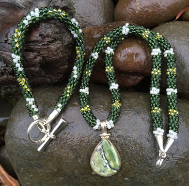 Kumihimo Necklace and Bracelet Set - Dark Green with Gold and Pearly White